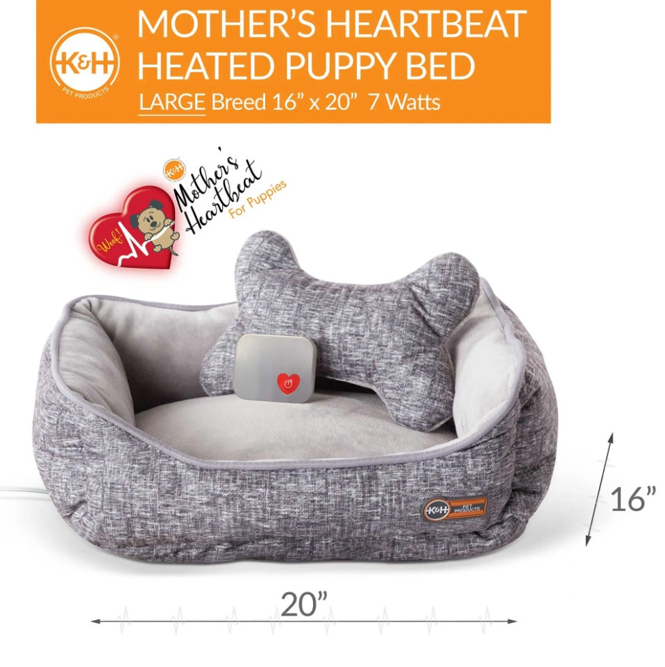 K&H Pet Products Mother's Heartbeat Heated Puppy Pet Bed with Bone Pillow Large Gray 20x 16 x 7 For Pet With Love
