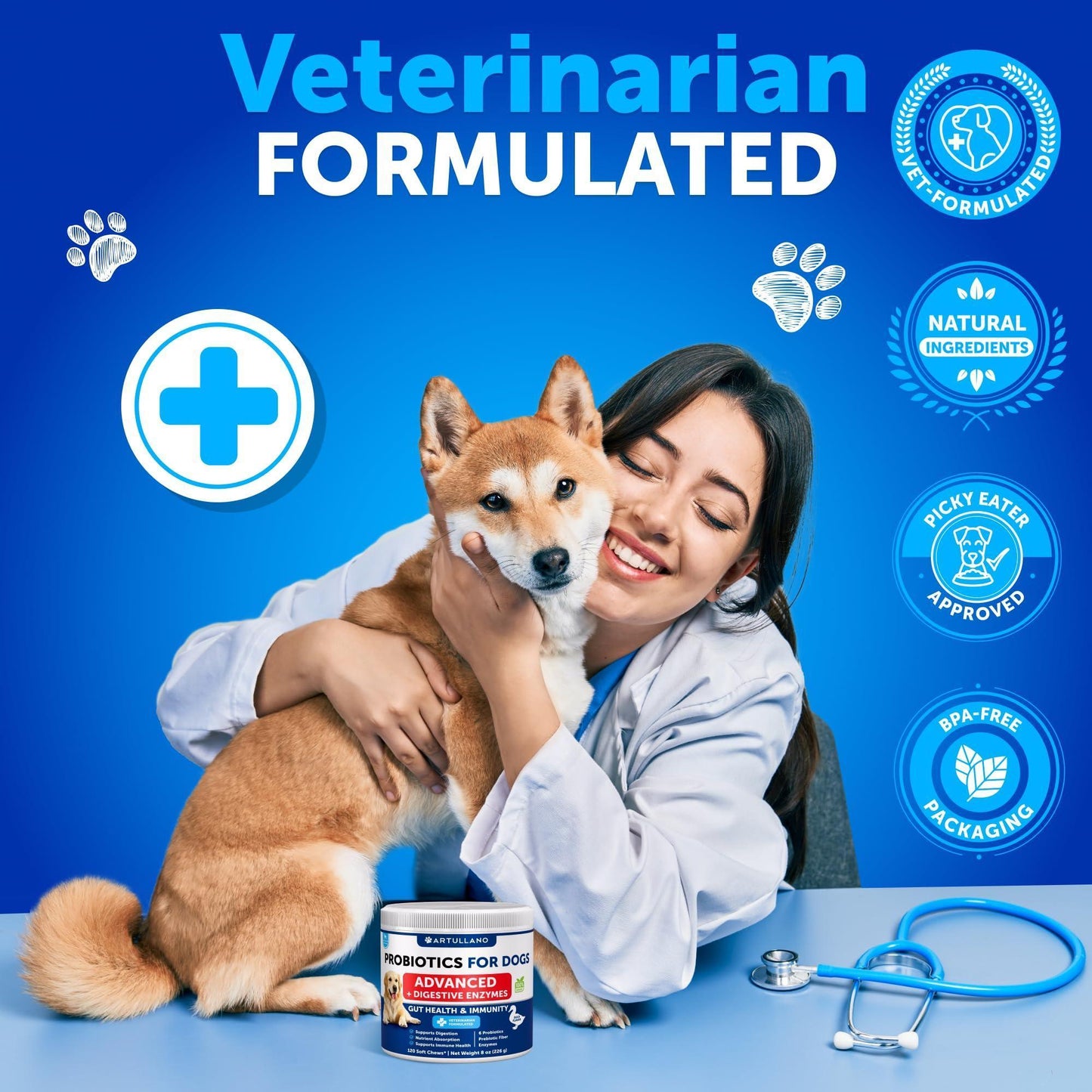 Artullano Probiotics for Dogs. Probiotics Digestive Enzymes with Prebiotic Fiber for Gut Health, Itchy Skin, Allergies, Immunity Yeast Balance. (2-Pack) 240 Treats