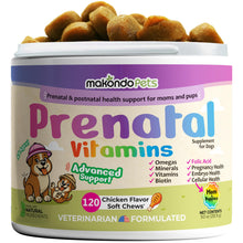 Load image into Gallery viewer, Makondo Pets Dog Prenatal Multivitamin Chews with Folic Acid, Zinc, Vitamin B Complex, DHA & EPA Omegas and Probiotics Supplement for Pregnant, Nursing, Breastfeeding Pet. Mom & Puppy Vitamin Formula. 120 Chews. Chicken Flavor For Pet With Love