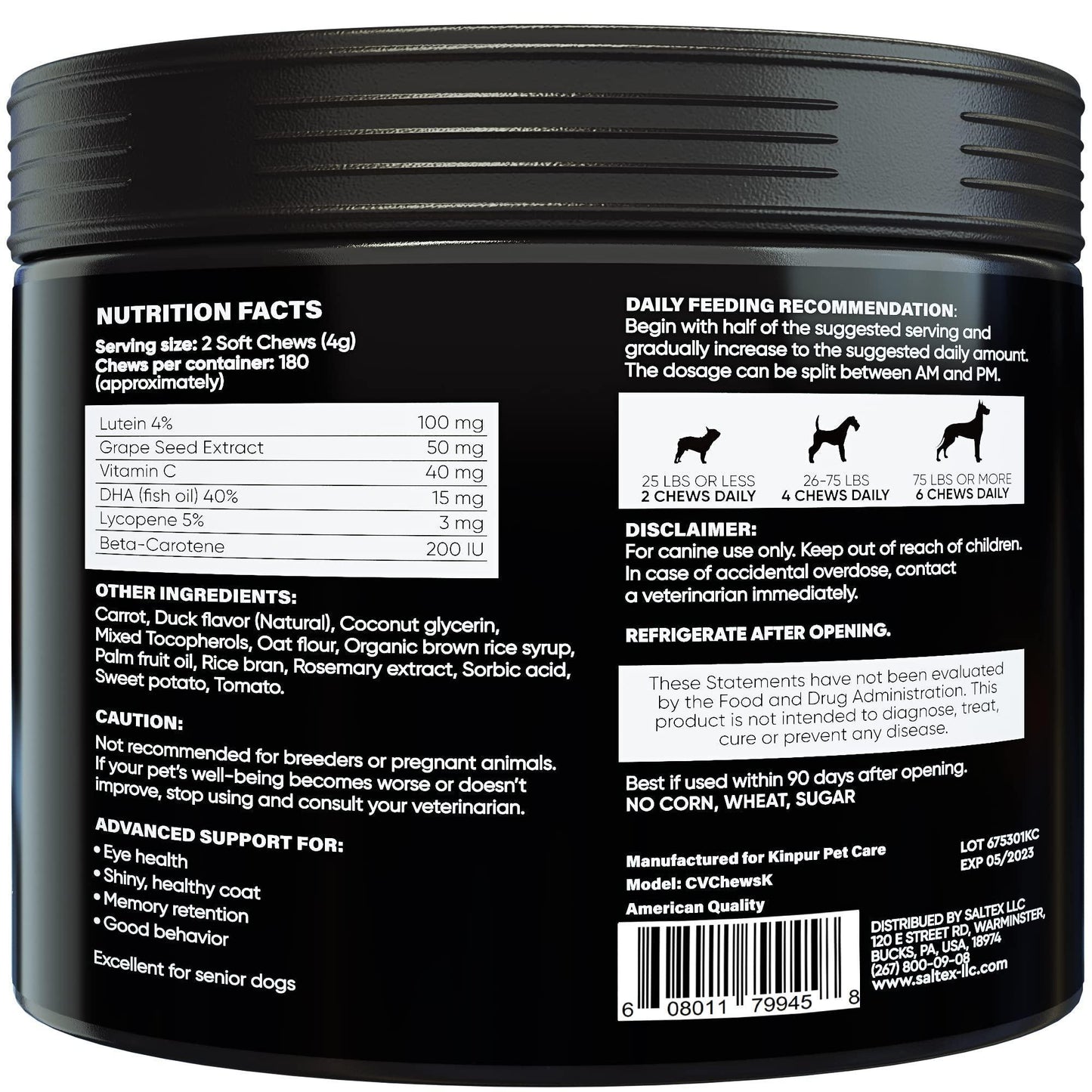 Kinpur Pet Care Dog Vision Supplement for Tear Stains, Dog Eye Care, Immune Support 180 Soft Chews with Duck Flavor For Pet With Love