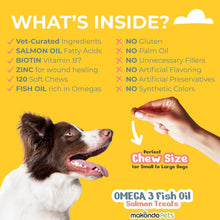 Load image into Gallery viewer, Makondo Pets Omega 3 Allergy, Itch and Hot Spots Relief, Skin and Coat Supplement for Dogs. Joint Health Support with EPA & DHA Fatty Acids Biotin. 120 Fish Oil Soft Chews for Shedding Dogs with Salmon Oil For Pet With Love