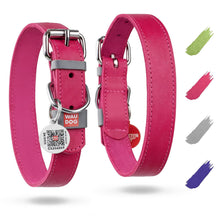 Load image into Gallery viewer, WAUDOG Adjustable Long Lasting Leather Dog Collar with Durable Buckle D Ring & QR Dog Tag. LARGE. Pink For Pet With Love