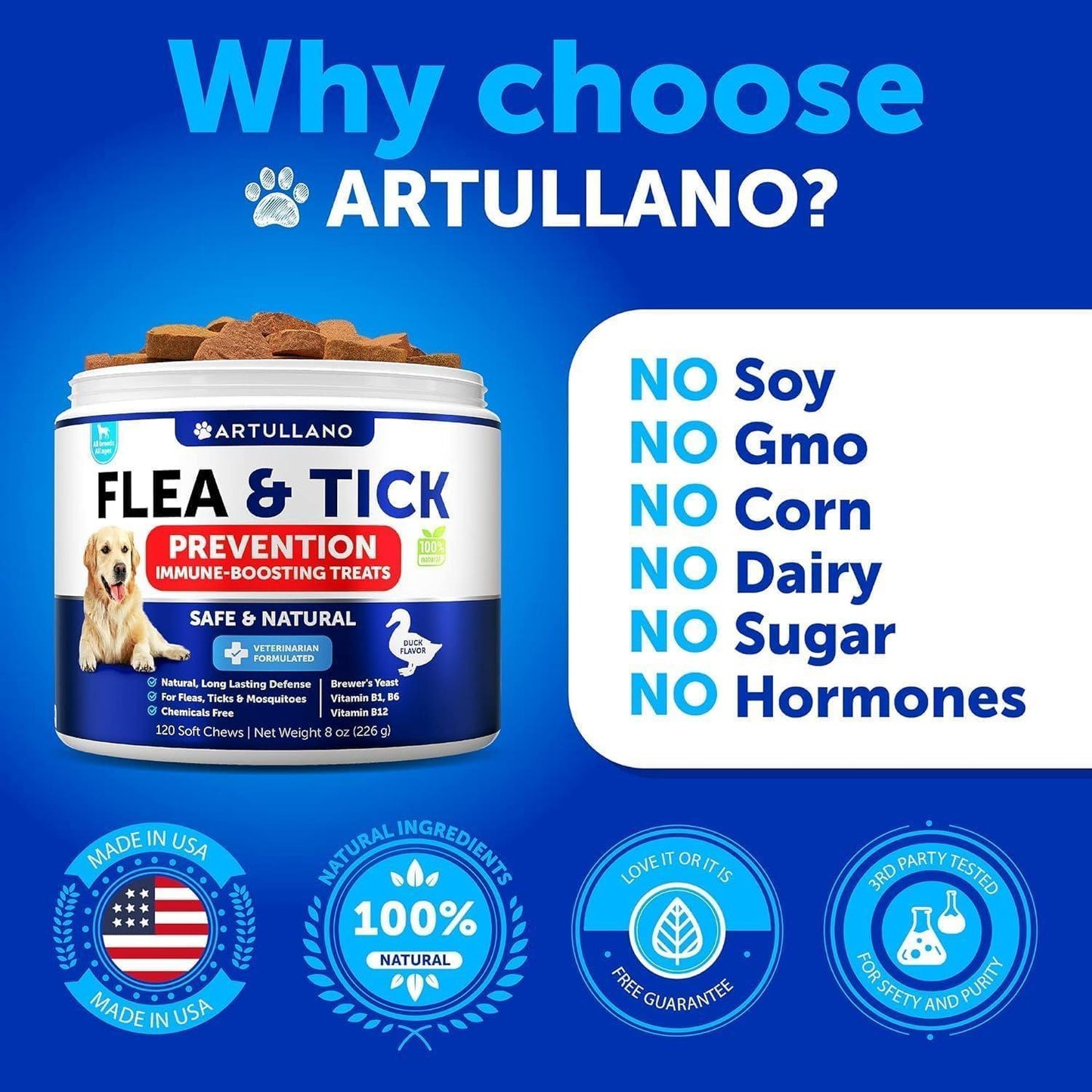 Artullano Natural Flea and Tick Prevention Supplement with Vitamins. Immune Support for Dogs. 120 Chews. Duck Flavor. Made in USA. For Pet With Love
