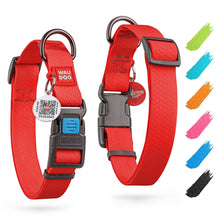Load image into Gallery viewer, Red dog collar with black hardware and a WAUDOG QR tag on a white background