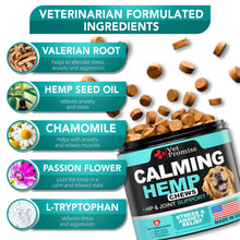 Load image into Gallery viewer, Vet Promise Advanced Calming Hemp Anxiety Relief Chews for Dogs with Melatonin. Stress & Separation Anxiety, Sleep Aid, Hip and Joint Supplement Support. Made in USA (70 Treats) For Pet With Love