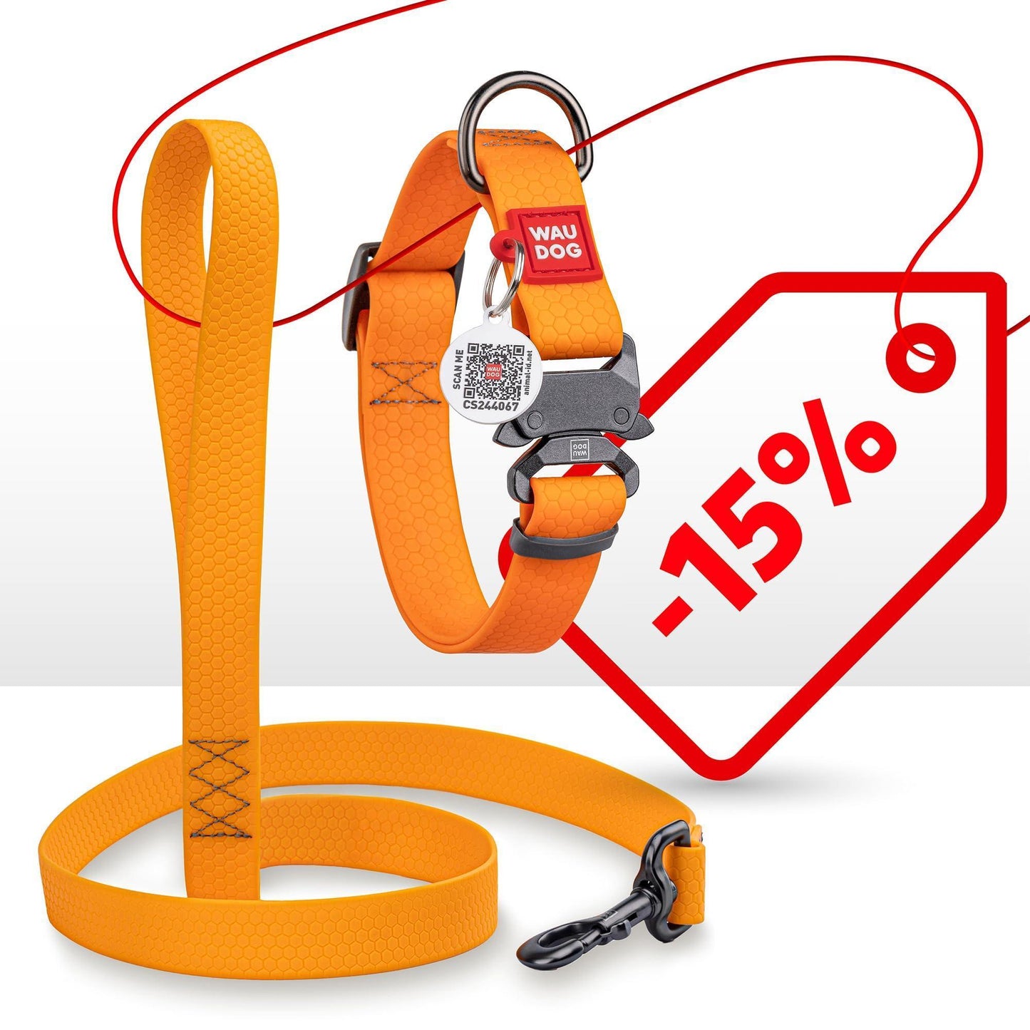 WAUDOG Adjustable Waterproof Dog Collar with Durable Metal Clasp and QR Dog Tag ORANGE SMALL For Pet With Love