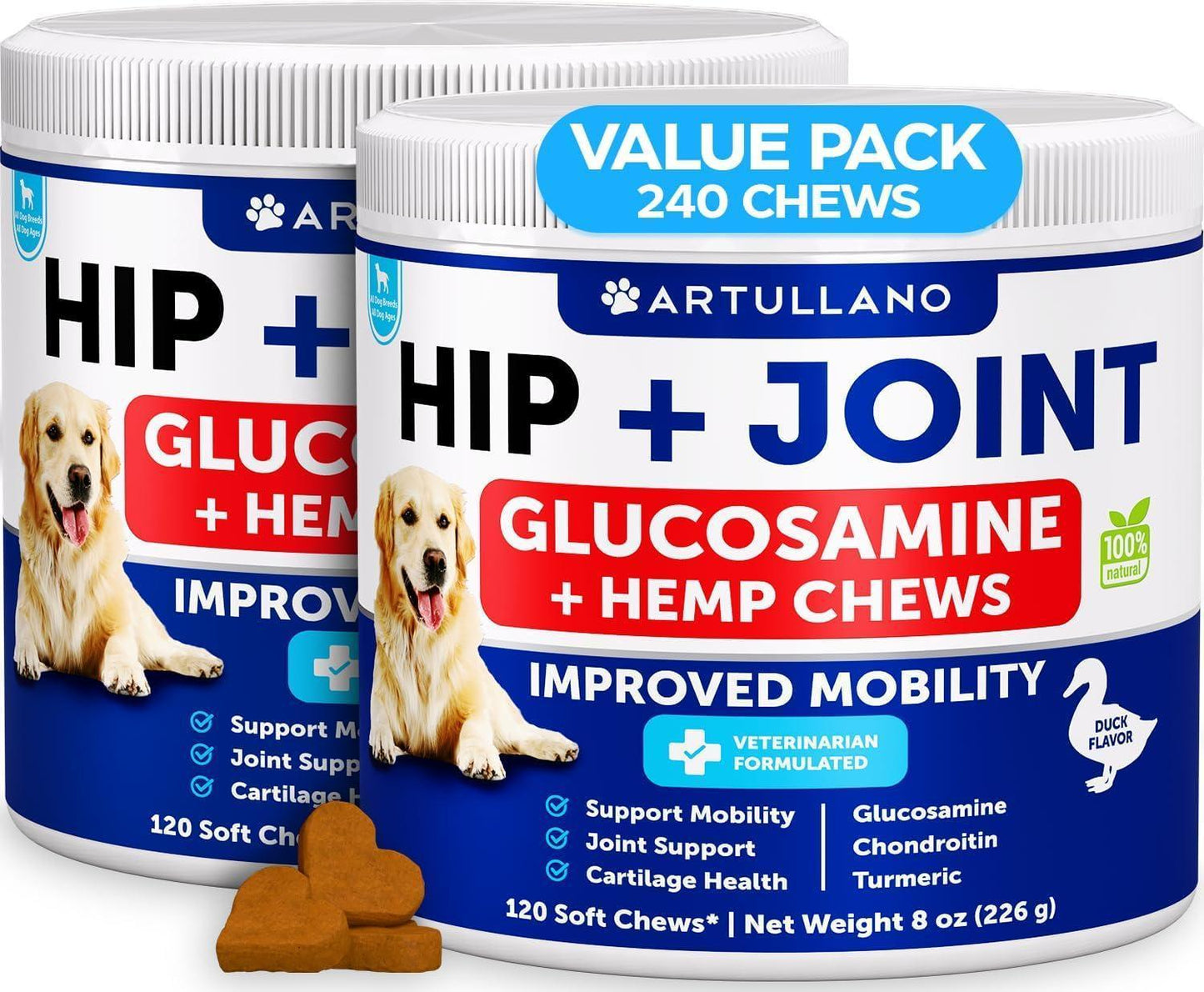 Artullano Glucosamine and Hemp Hip and Joint Mobility Support Supplement for Dogs. Joint Pain Relief with Chondroitin. 240 Chews (2 Pack) For Pet With Love