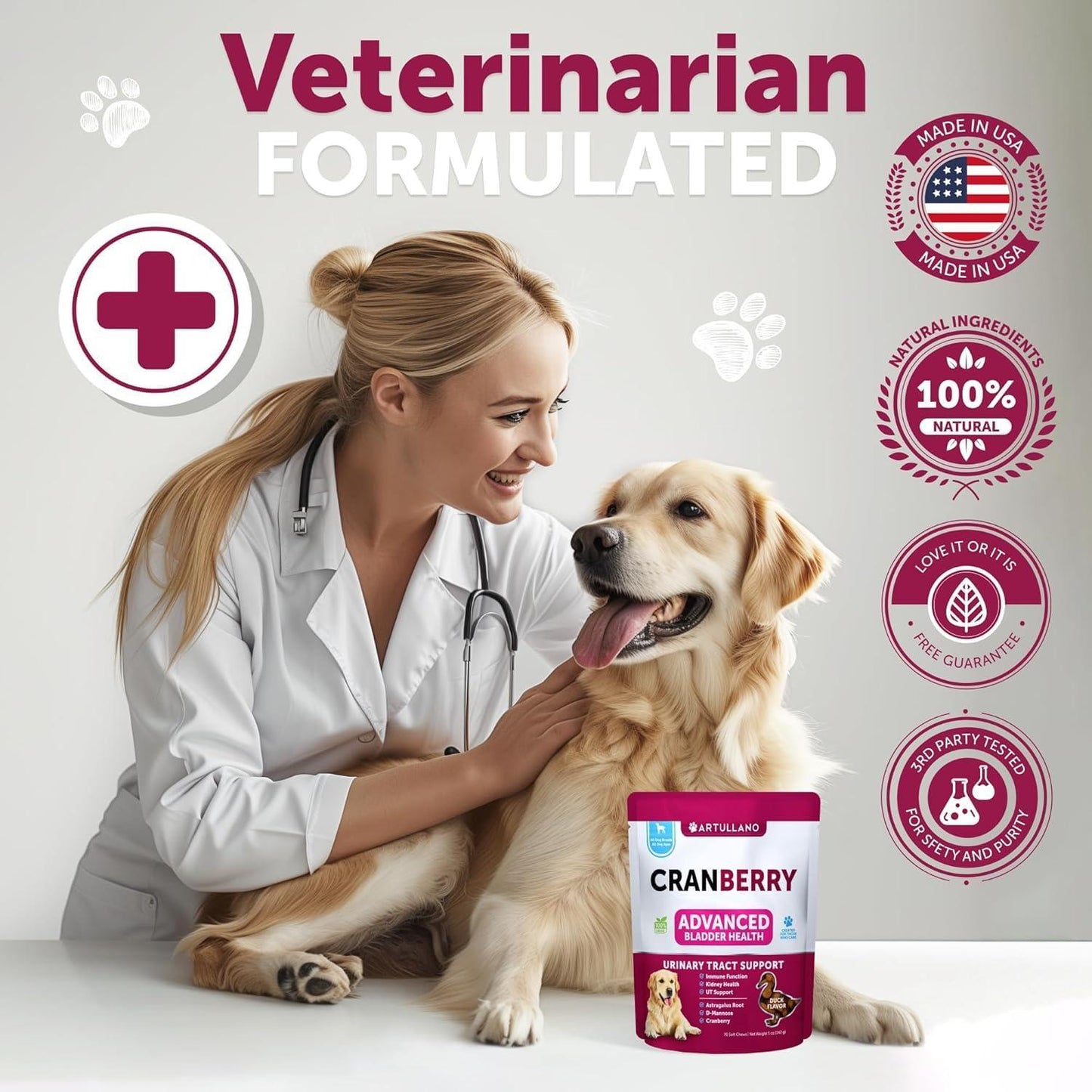 Artullano Cranberry Dog UTI Treatment & Bladder Control, Kidney Support with Fish Oil 70 Chews For Pet With Love