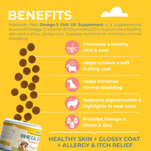 Load image into Gallery viewer, Makondo Pets Omega 3 Allergy, Itch and Hot Spots Relief, Skin and Coat Supplement for Dogs. Joint Health Support with EPA & DHA Fatty Acids Biotin.  120 Fish Oil Soft Chews for Shedding  Dogs with Salmon Oil