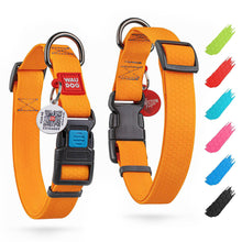 Load image into Gallery viewer, Orange dog collar with black hardware and a QR tag on a white background