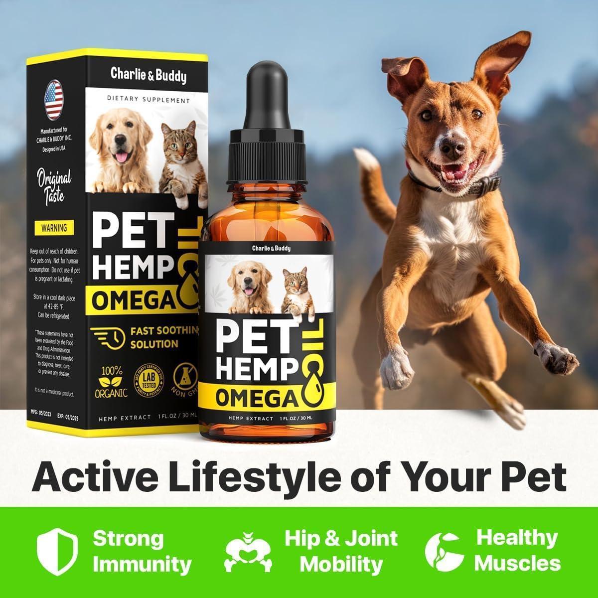 Charlie & Buddy Pet Hemp Oil for Dogs and Cats. Rich in Vitamins B and E. Pet Fish & Hemp Oil for Anxiety and Stress Relief For Pet With Love