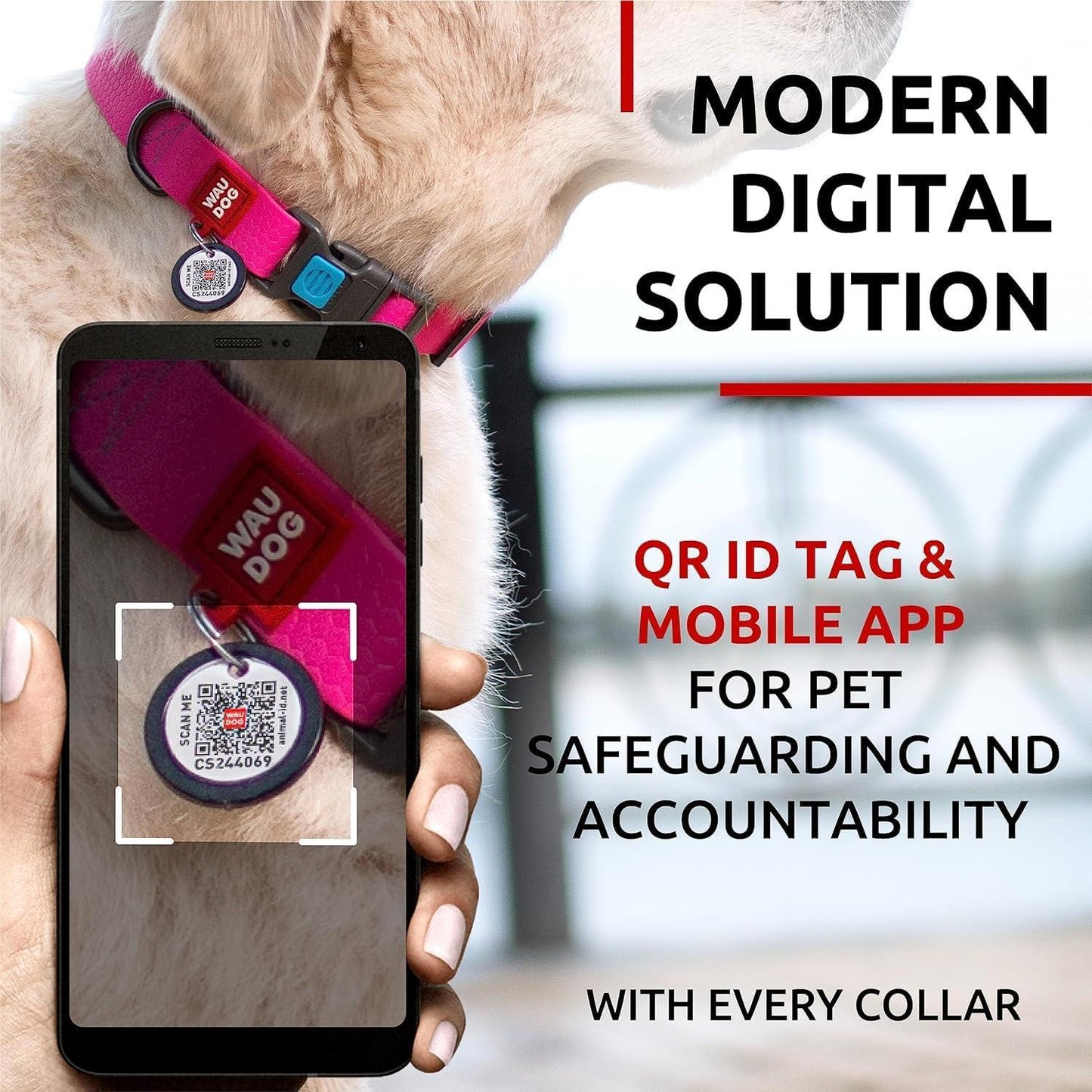 WAUDOG Adjustable Waterproof Heavy Duty Dog Collar with Durable Plastic Buckle and QR Dog Tag. XXLARGE (Pink) For Pet With Love