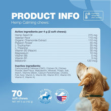Load image into Gallery viewer, CHEWIA Hemp Calming Anxiety Support Chews for Dogs with Melatonin, Chamomile Extract, and Valerian Root. 70 Chews For Pet With Love