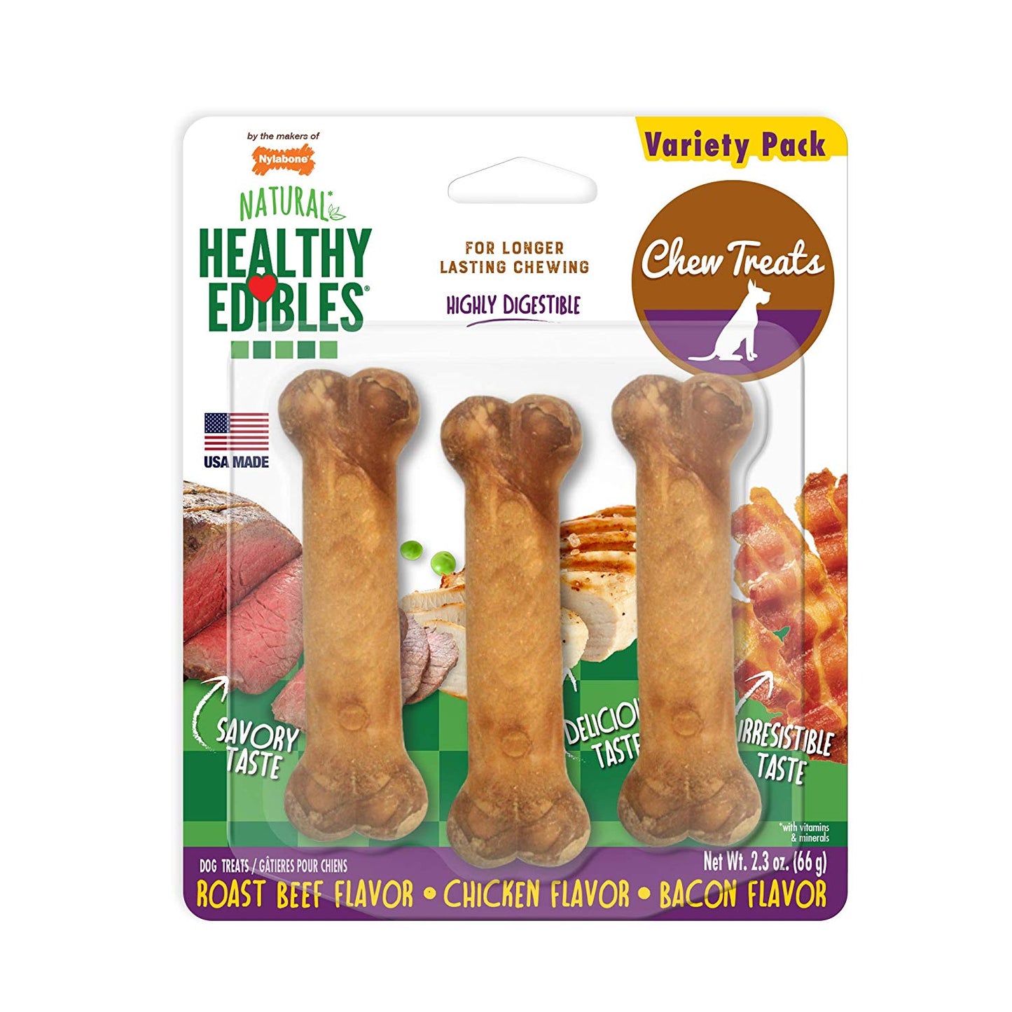 Nylabone Healthy Edibles Longer Lasting Roast Beef, Chicken and Bacon Treats Petite 3 count For Pet With Love