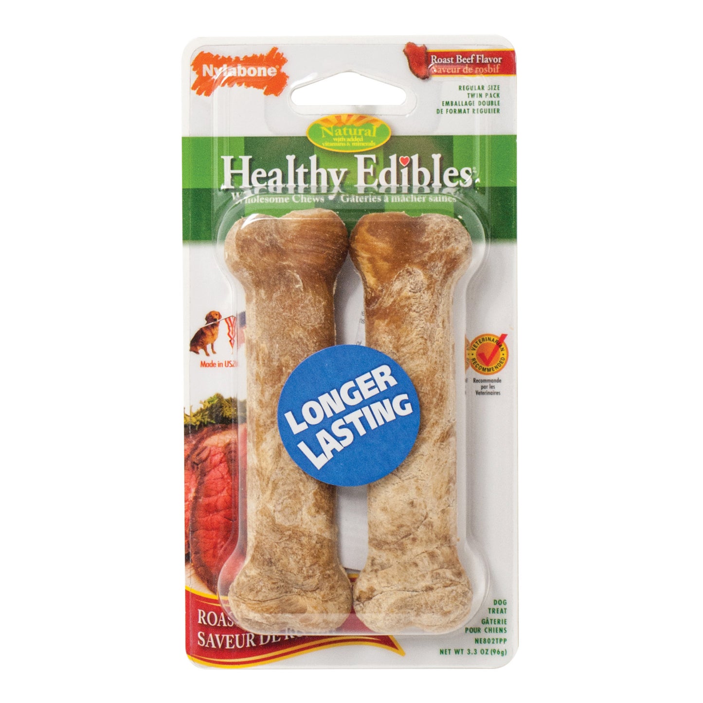 Nylabone Healthy Edibles Longer Lasting Beef Treats Regular 2 count For Pet With Love