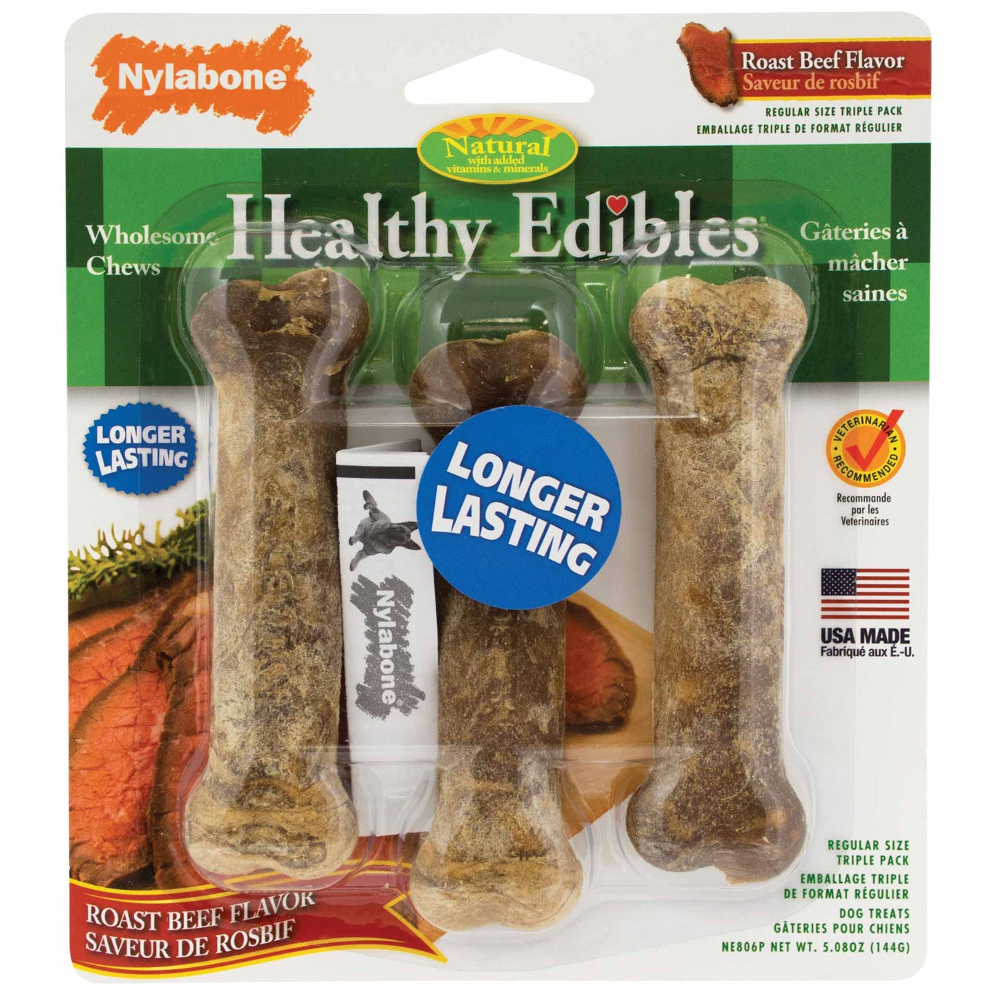 Nylabone Healthy Edibles Longer Lasting Beef Treats Regular 3 count For Pet With Love
