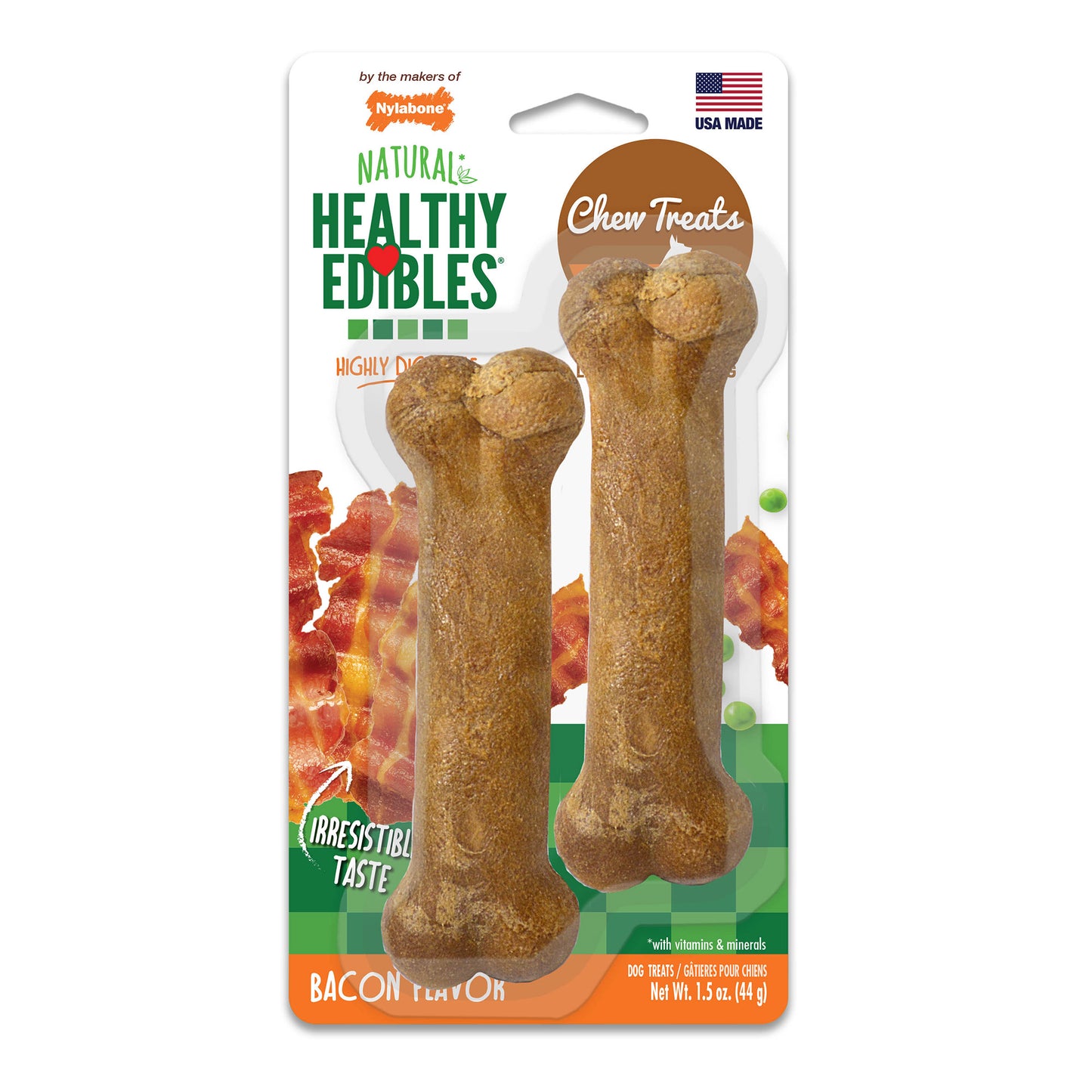 Nylabone Healthy Edibles Longer Lasting Bacon Treats Petite 2 count For Pet With Love