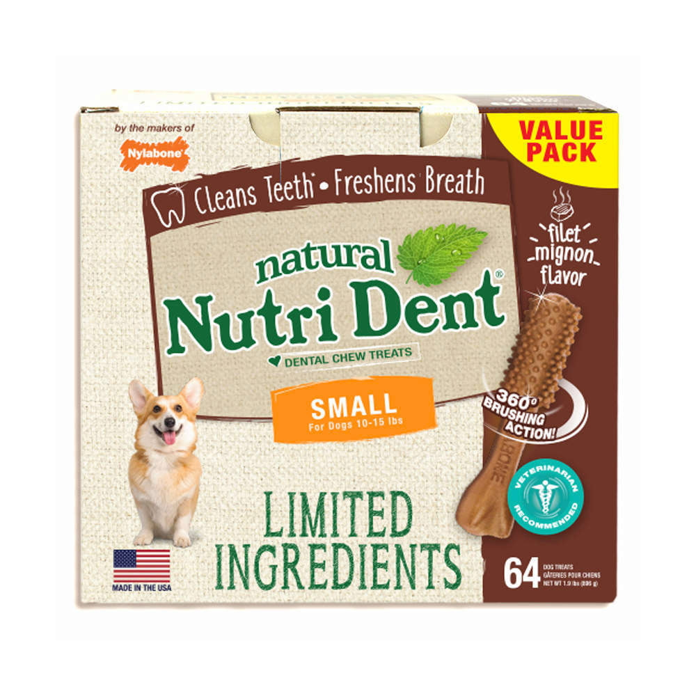 Nylabone Nutri Dent Limited Ingredient Dental Chews Filet Mignon Small 64 count For Pet With Love