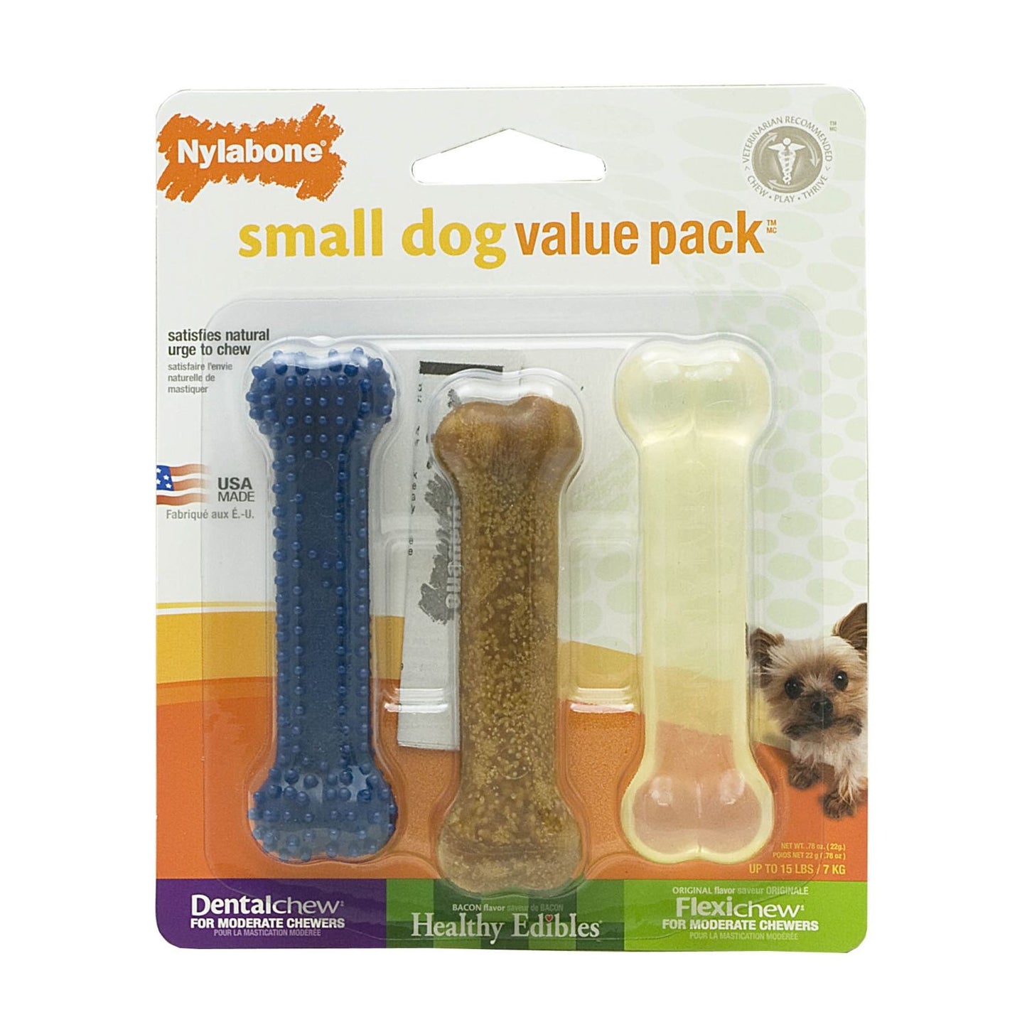 Nylabone Small Dog Chew Toy Value Pack Blue / Brown / Yellow 4.5 x 1.5 x 1.5 For Pet With Love