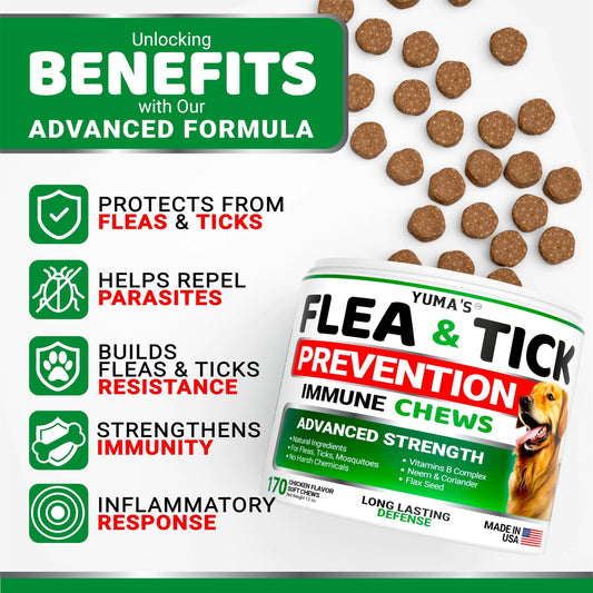 YUMA'S Flea and Tick Prevention for Dogs. Made in USA 170 Chews. Chicken Flavor. For Pet With Love