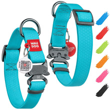 Load image into Gallery viewer, Two turquoise dog collars with gray buckles and red tags. QR tag on a white background.
