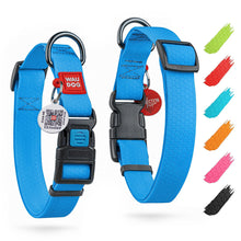Load image into Gallery viewer, Blue dog collar with black hardware and a red tag on a white background