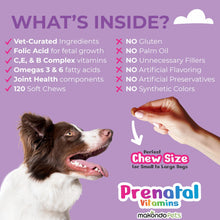 Load image into Gallery viewer, Makondo Pets Dog Prenatal Multivitamin Chews with Folic Acid, Zinc, Vitamin B Complex, DHA & EPA Omegas and Probiotics Supplement for Pregnant, Nursing, Breastfeeding Pet. Mom & Puppy Vitamin Formula. 120 Chews. Chicken Flavor