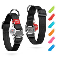 Load image into Gallery viewer, Two black dog collars with attached tags on a white background