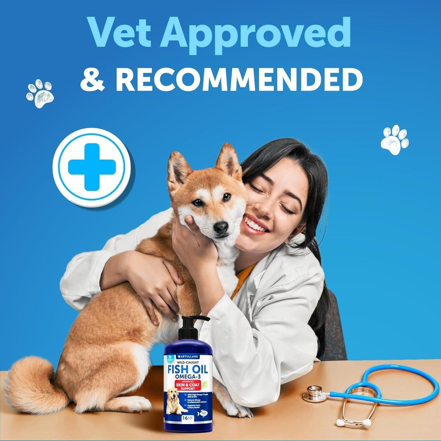 Artullano Omega 3 Fish Oil Dog Skin and Coat Defense Liquid Supplement & Allergy Relief 16 Oz For Pet With Love
