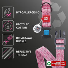 Load image into Gallery viewer, WAUDOG Reflective Cotton Dog Collar with QR ID Tag. Adjustable Eco Friendly Alternative to Nylon Collar. LARGE. Pink. For Pet With Love