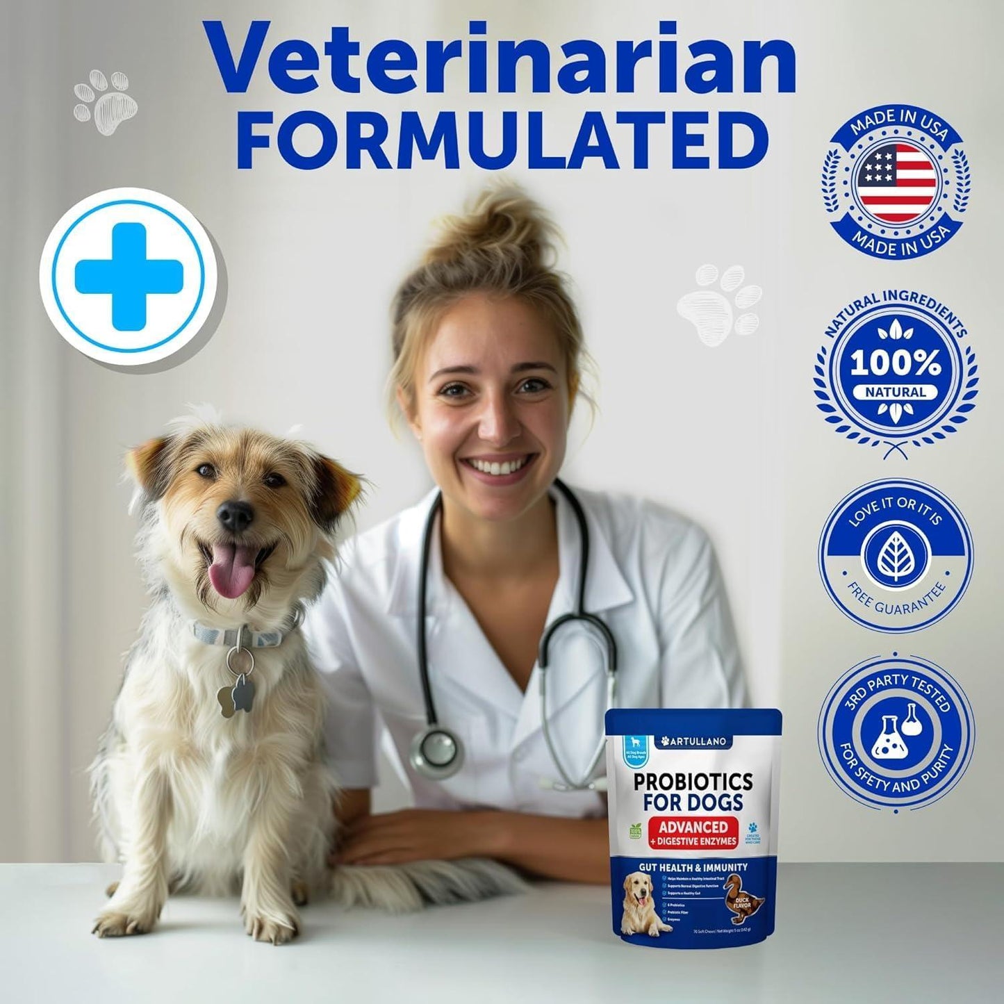 Artullano Probiotics and Digestive Enzymes for Dogs. Gut Health, Itchy Skin Allergies & Immunity Support. 70 Chews. Duck Flavor. Made in the USA. For Pet With Love