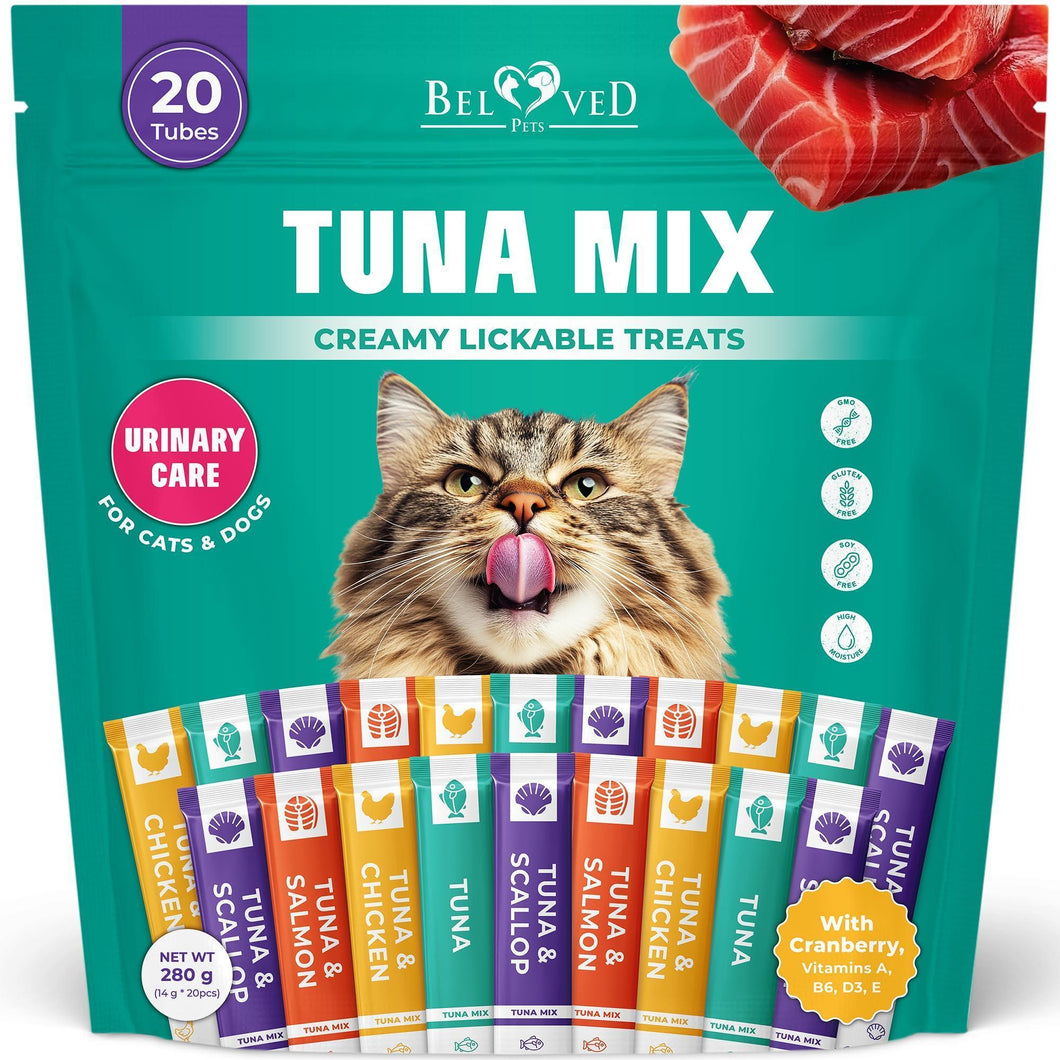 Beloved Pets Creamy Lickable Urinary Care Multivitamin Cat Treats & Wet Squeeze Tubes – Tuna Mix Liquid Cat Snacks  – 20 Sticks