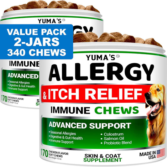 YUMA'S Advanced Allergy Itching Skin Relief for Dogs. Dry Skin & Hot Spots Treatment with Omega 3 Fish Oil. (2Pack) 340 Chews For Pet With Love