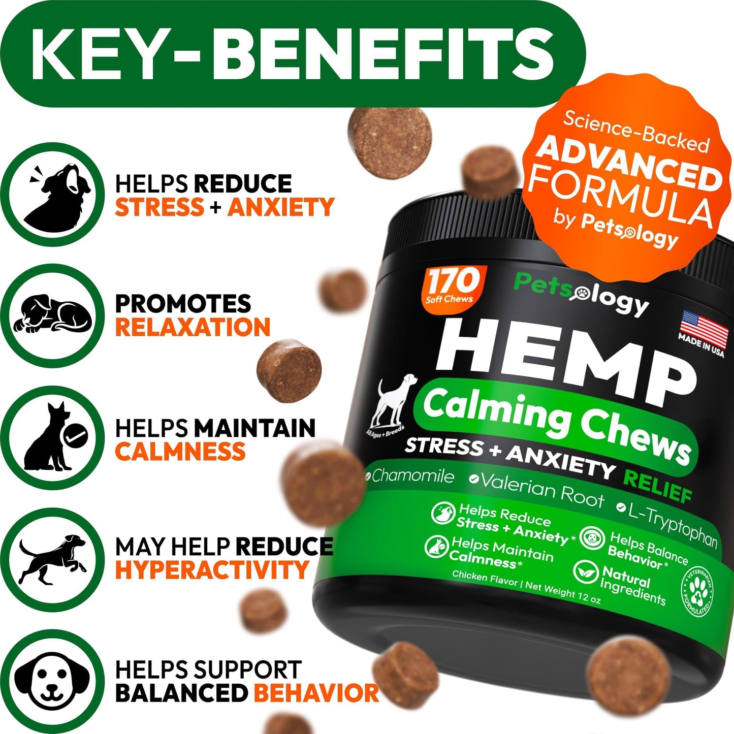 PETSOLOGY Hemp Calming Chews for Dogs. Anxiety Relief, Stress Relief, Separation Aid 170 Chews For Pet With Love
