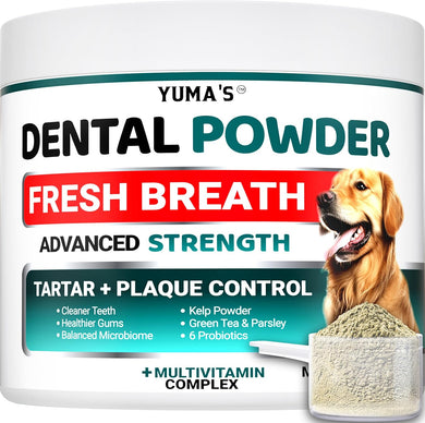 Yuma's Dental Powder for dogs with a label detailing benefits and features.