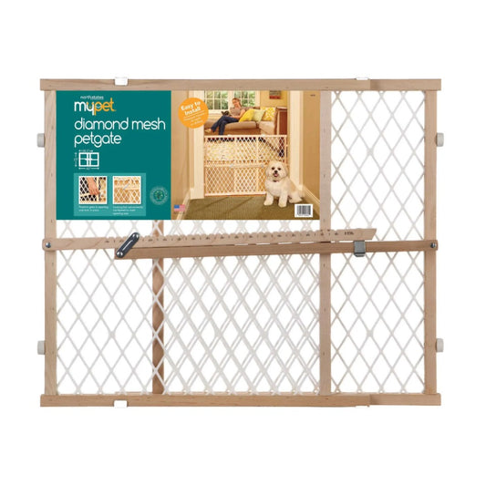 North States MyPet Diamond Mesh Wood Pet Gate Light Wood 2.75 x 26.5-42 x 23 For Pet With Love
