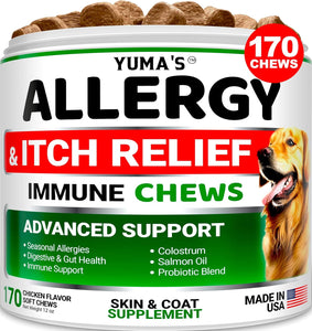 YUMA'S Advanced Allergy Itching Skin Relief for Dogs. Dry Skin & Hot Spots Treatment with Omega 3 Fish Oil. 170 Chews
