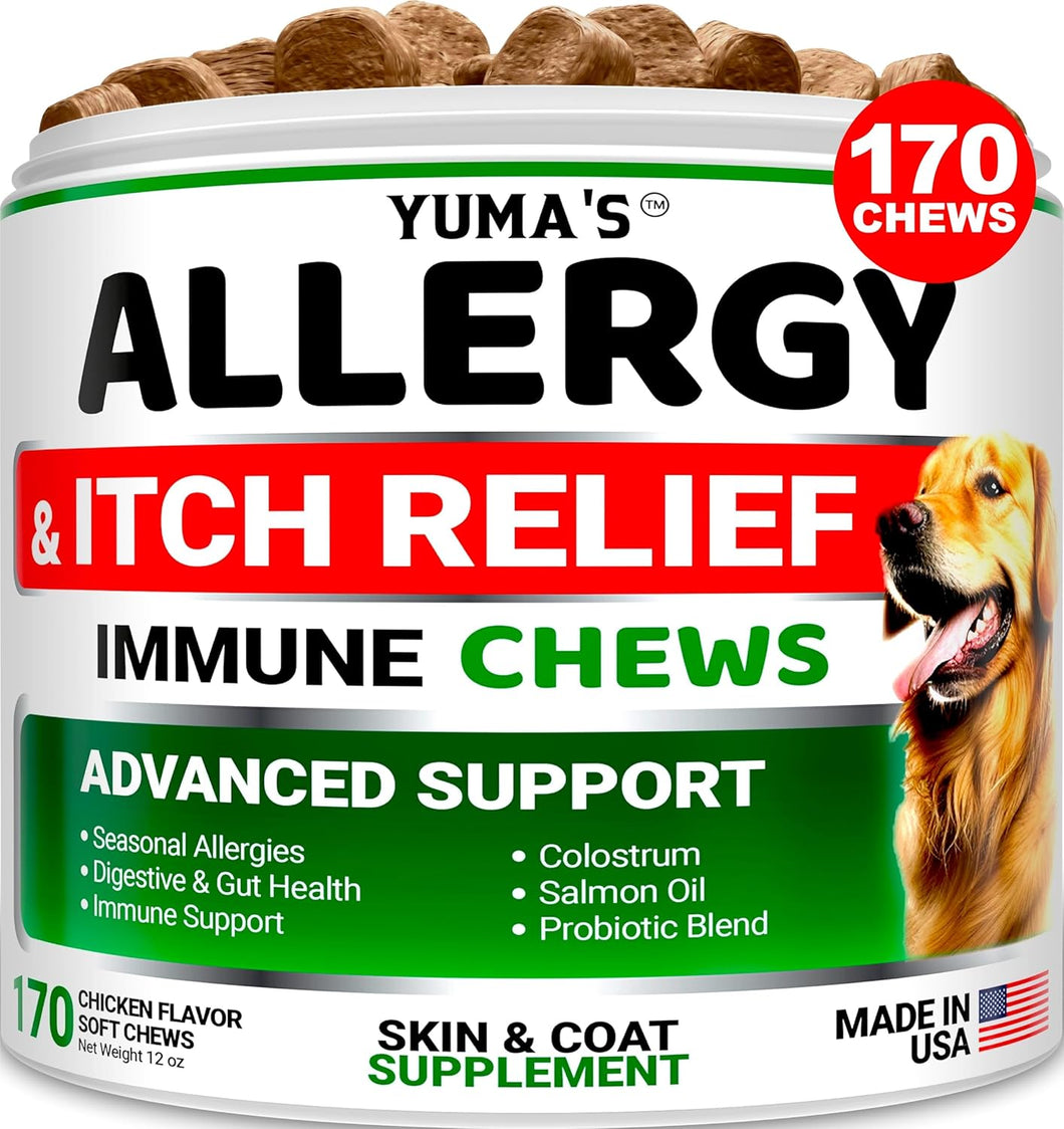 YUMA'S Advanced Allergy Itching Skin Relief for Dogs. Dry Skin & Hot Spots Treatment with Omega 3 Fish Oil. 170 Chews