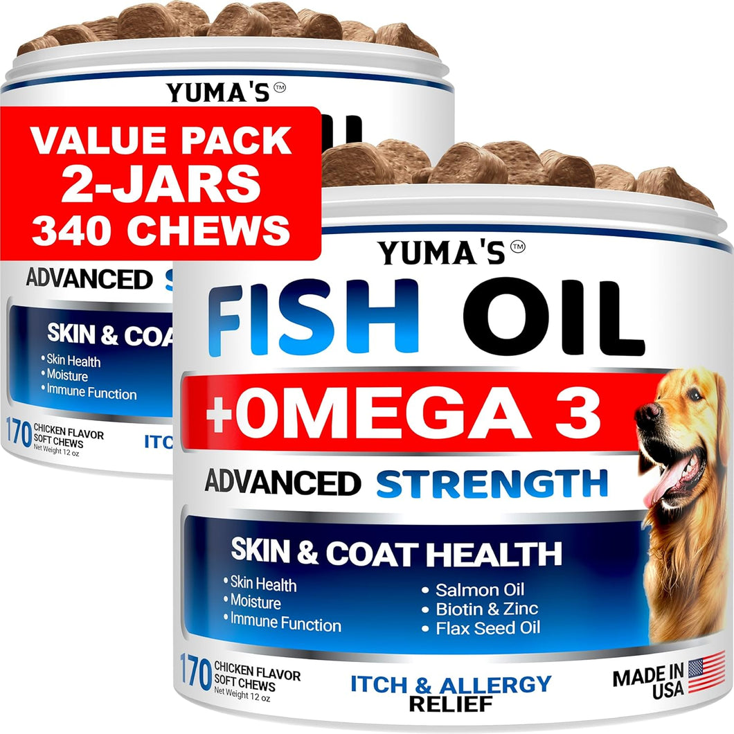 YUMA'S Advanced Strength Omega 3 Fish Oil Skin and Coat Health Supplement for Dogs (2 Pack) 340 Chews