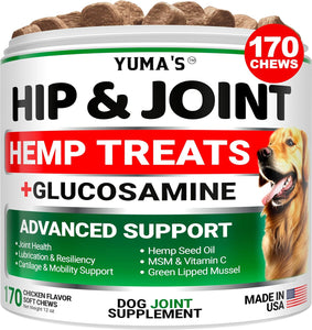 YUMA'S Hemp and Glucosamine Hip and Joint Support Supplement for Dogs. 170 Chews