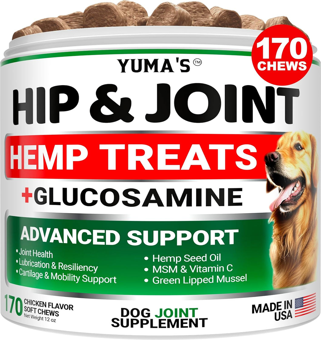 YUMA'S Hemp and Glucosamine Hip and Joint Support Supplement for Dogs. 170 Chews