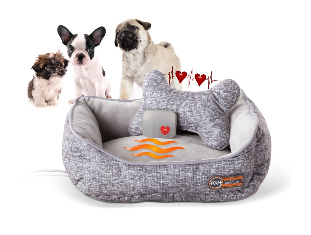 K&H Pet Products Mother's Heartbeat Heated Puppy Pet Bed with Bone Pillow Medium Gray 16 x 13 x 6 For Pet With Love