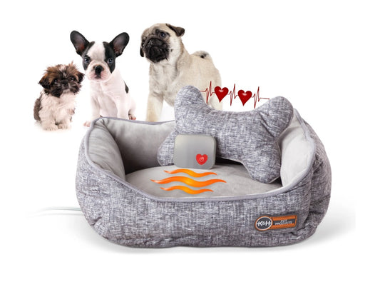 K&H Pet Products Mother's Heartbeat Heated Puppy Pet Bed with Bone Pillow Medium Gray 16 x 13 x 6 For Pet With Love