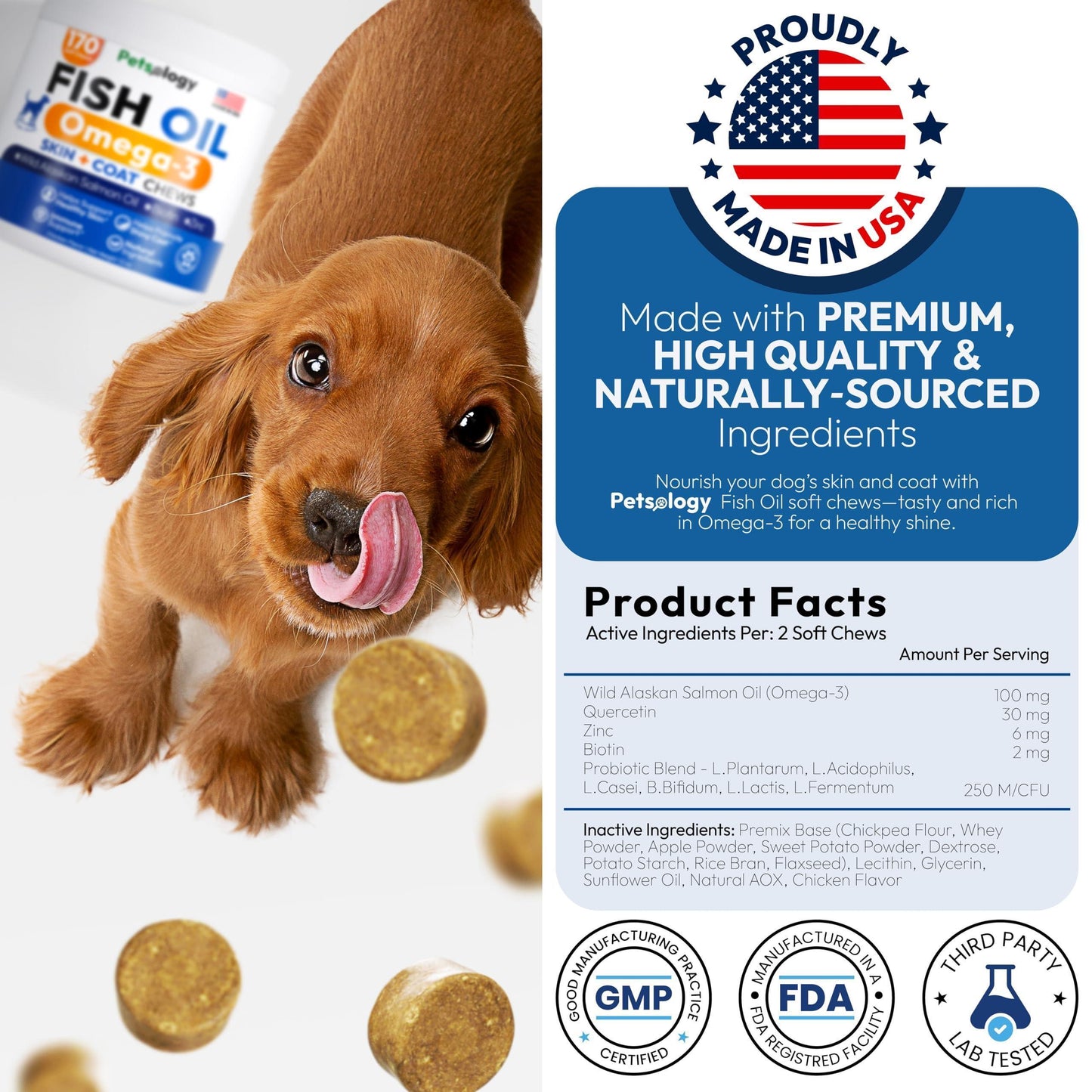 PETSOLOGY Omega 3 Fish Oil Skin & Coat Supplement for Dogs 170 Chews For Pet With Love