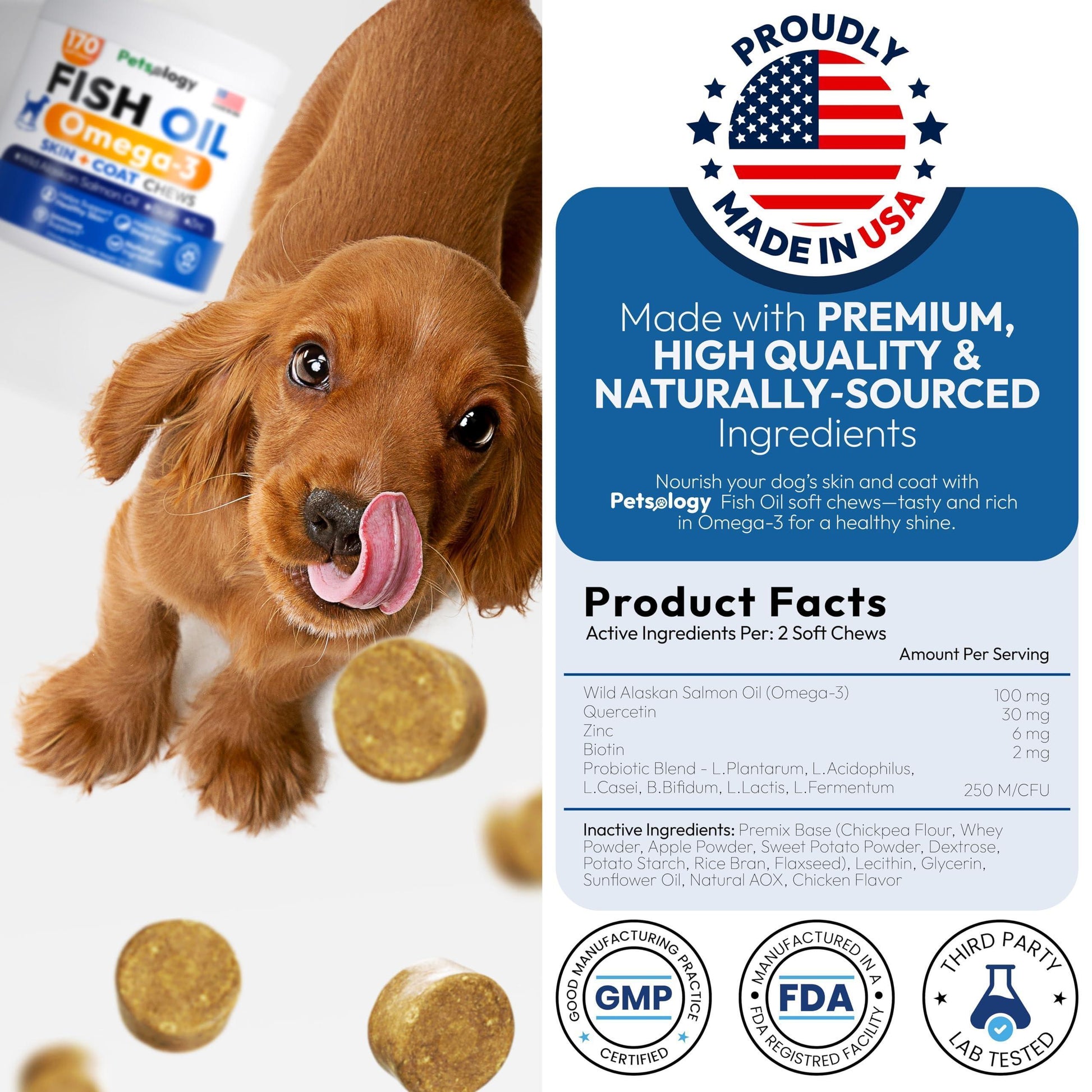 PETSOLOGY Omega 3 Fish Oil Skin & Coat Supplement for Dogs 170 Chews For Pet With Love