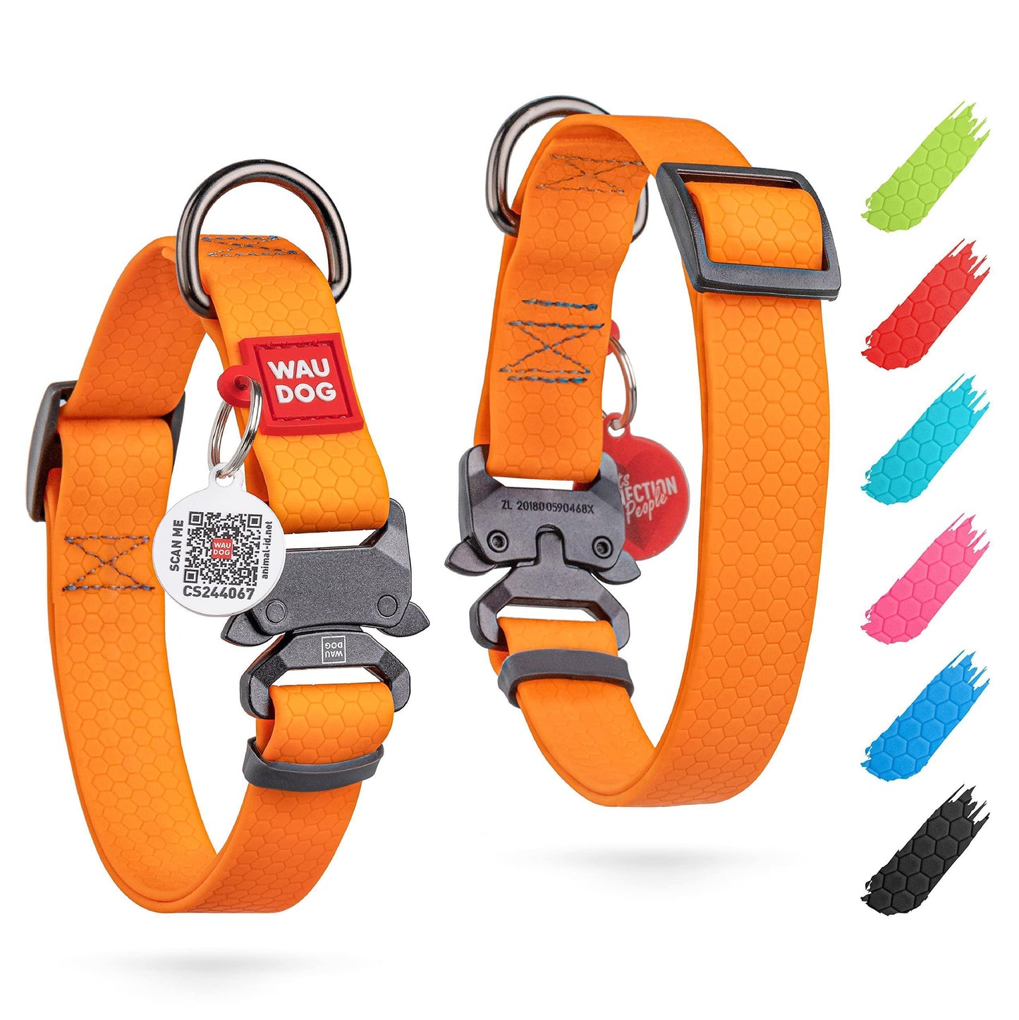 WAUDOG Adjustable Waterproof Dog Collar with Durable Metal Clasp and QR Dog Tag ORANGE SMALL For Pet With Love
