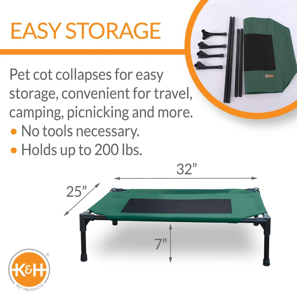 K&H Pet Products Original Pet Cot Elevated Pet Bed Medium Green/Black 25 x 32 x 7 For Pet With Love