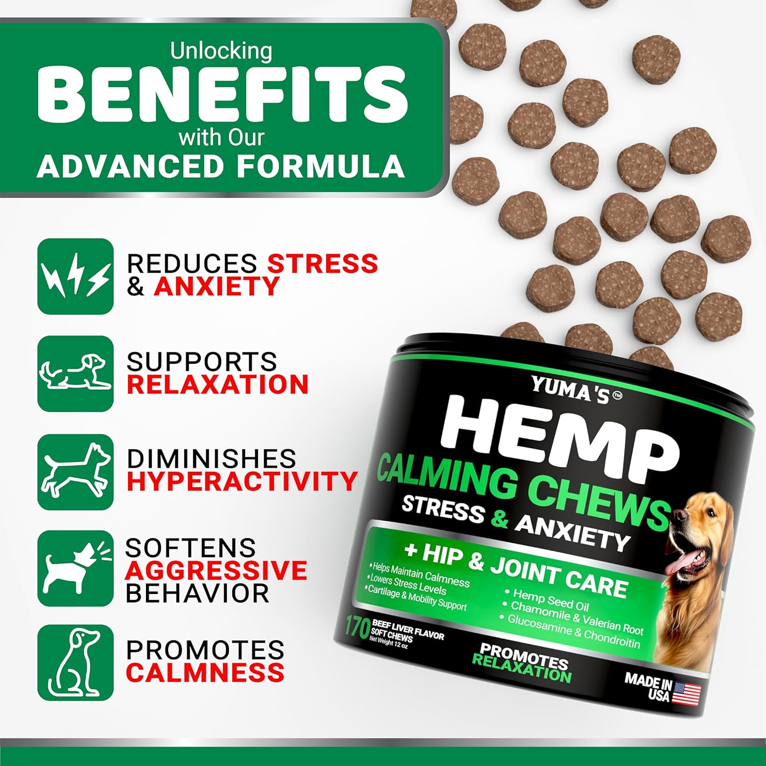 YUMA'S Advanced Strength Hemp Stress & Anxiety Relief Calming Chews for Dogs. Hip & Joint Support Supplemen. Beef Liver Flavor. 170 Chews For Pet With Love
