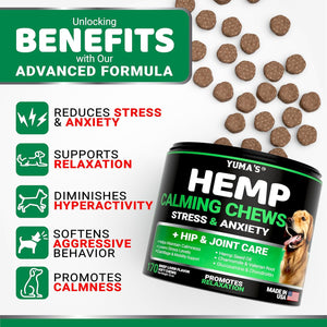 YUMA'S Advanced Strength Hemp Stress & Anxiety Relief Calming Chews for Dogs. Hip & Joint Support Supplemen. Beef Liver Flavor. 170 Chews