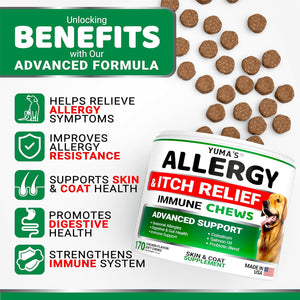 YUMA'S Advanced Allergy Itching Skin Relief for Dogs. Dry Skin & Hot Spots Treatment with Omega 3 Fish Oil. 170 Chews